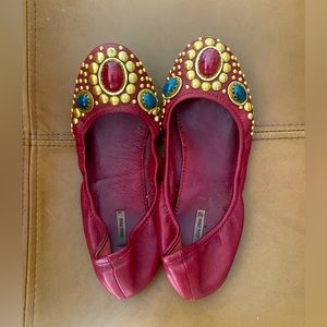 Miu Miu Red Leather Cabochon Embellished Gem leather flats 36 Early 2000…